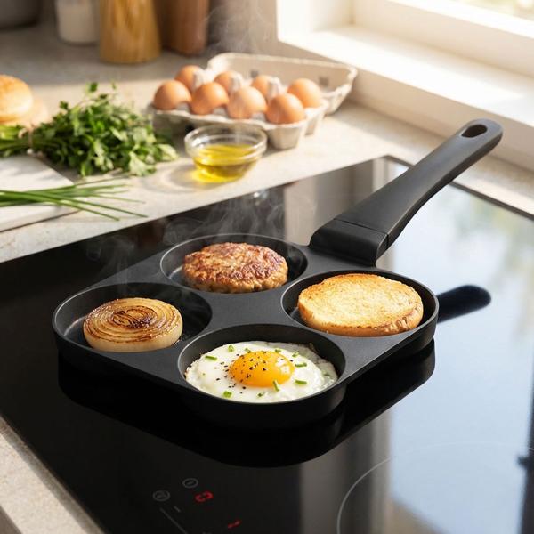 Practical 4-hole frying pan (Ø 20 cm) in elegant matt black: perfect for fried eggs, pancakes & burgers, non-stick coating, easy cleaning & time-saving