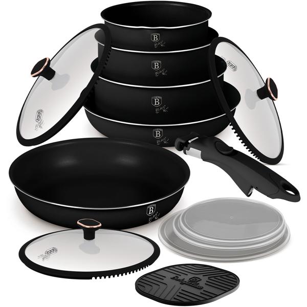 5-pan cookware set with titanium coating, elegant matte black–rose gold – forged aluminium, Smart Lids & glass lids, durable & robust