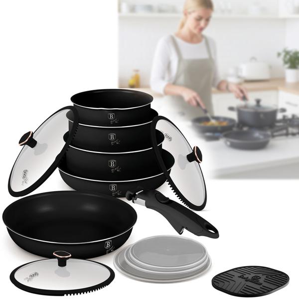5-pan cookware set with titanium coating, elegant matte black–rose gold – forged aluminium, Smart Lids & glass lids, durable & robust