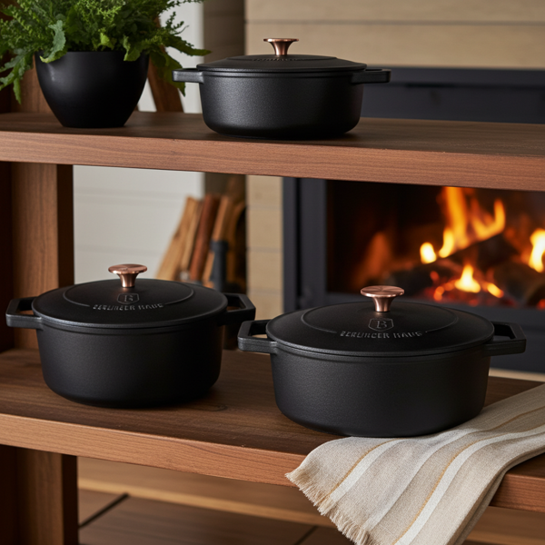 High-quality cast iron pot set with lid, 3-piece, black-rose gold - For perfect braising & frying - Robust & durable cooking