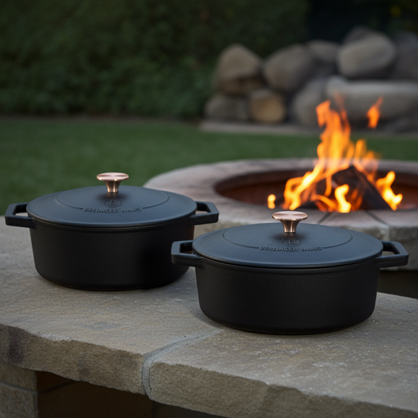 High-quality cast iron pot set with lid, 3-piece, black-rose gold - For perfect braising & frying - Robust & durable cooking