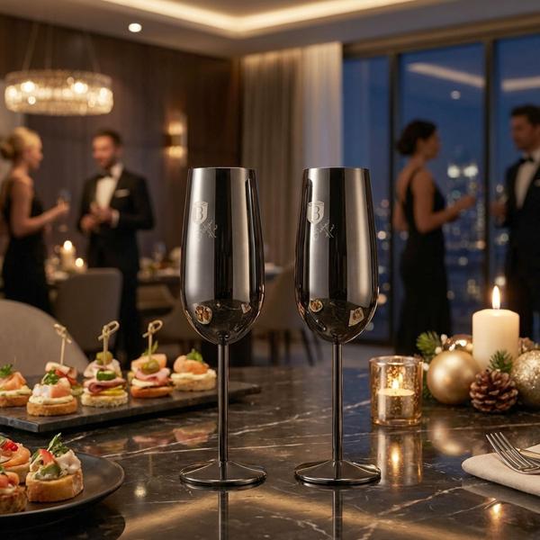 Flûtes à champagne en métal noir - Incassables, stylées, robustes & rafraîchissantes - Acier inoxydable 18/10, 260ml, pack double