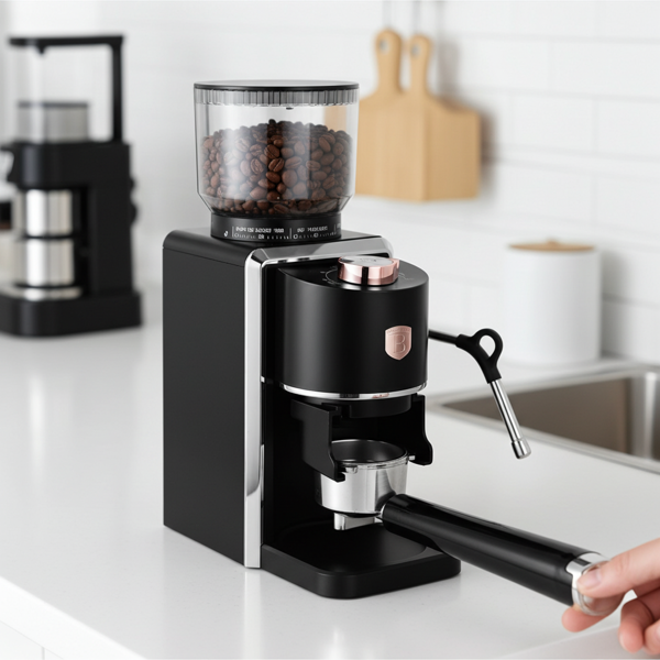 Professionelle elektrische Kaffeemühle, schwarz-roségold, 230g, 35 Mahlstufen, schnell & aromatisch für perfekten Kaffee, Mahlen auf Profi Niveau