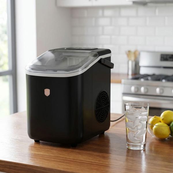 Premium Ice Machine & Ice Cube Maker Black-Rose Gold, 9 Perfect Ice Cubes in 6 Minutes & 10 kg/24h, Compact for Bar & Kitchen