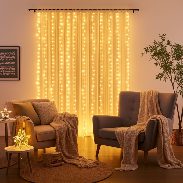 Eleganter LED-Lichtervorhang mit Fernbedienung, warmweiss, 200 LEDs, 3x3m: Gemütliche Beleuchtung & Romantische Deko für Schlafzimmer & Wohnzimmer