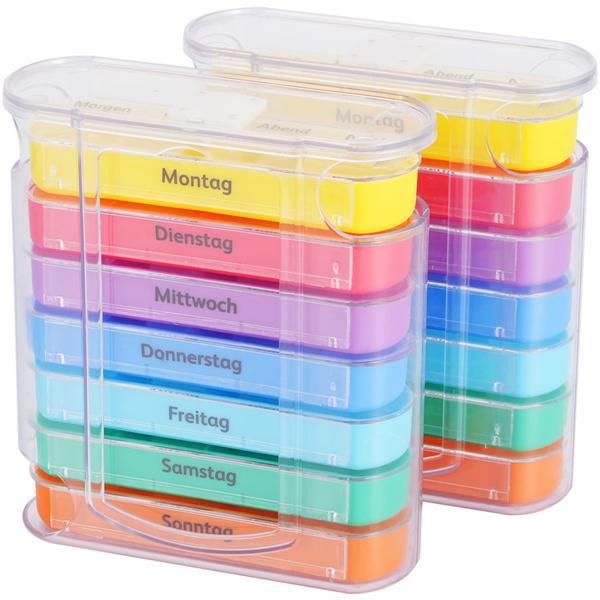 set of 2 medication box 7 days: Colorful, 4 compartments daily - A weekly pill dispenser for easy, safe intake & overview