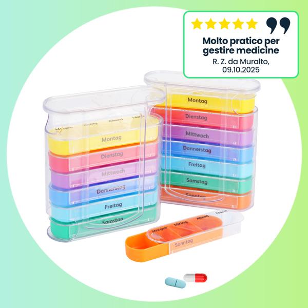 set di 2 scatole per farmaci 7 giorni: colorate, 4 scomparti giornalieri - Un dispenser settimanale di pillole per un‘assunzione facile e sicura e una visione d‘insieme