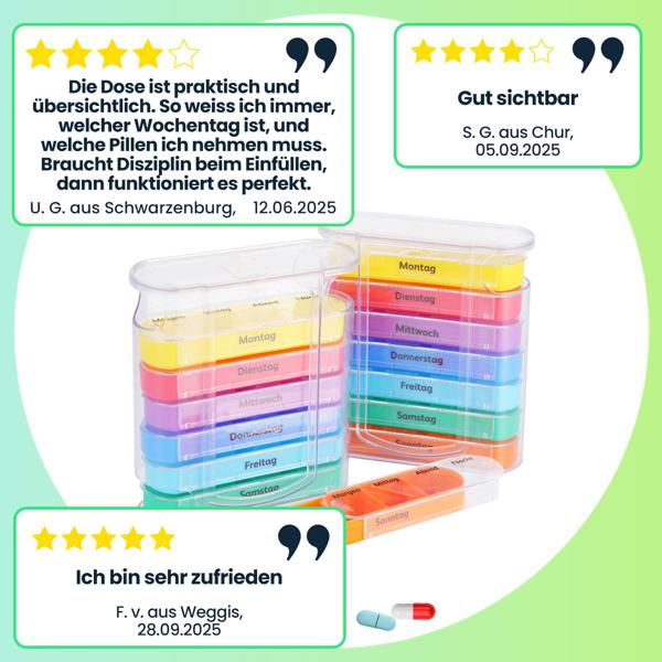 2er Set Medikamentenbox 7 Tage: Bunt, 4 Fächer täglich – Ein Wochen-Pillendosierer für einfache, sichere Einnahme & Übersicht
