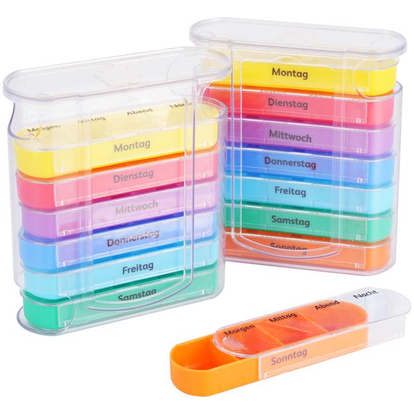 set of 2 medication box 7 days: Colorful, 4 compartments daily - A weekly pill dispenser for easy, safe intake & overview