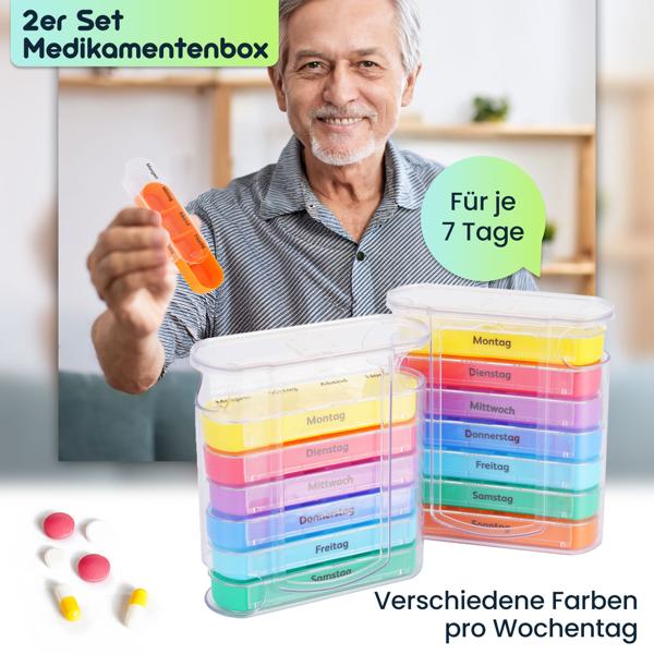 2er Set Medikamentenbox 7 Tage: Bunt, 4 Fächer täglich – Ein Wochen-Pillendosierer für einfache, sichere Einnahme & Übersicht