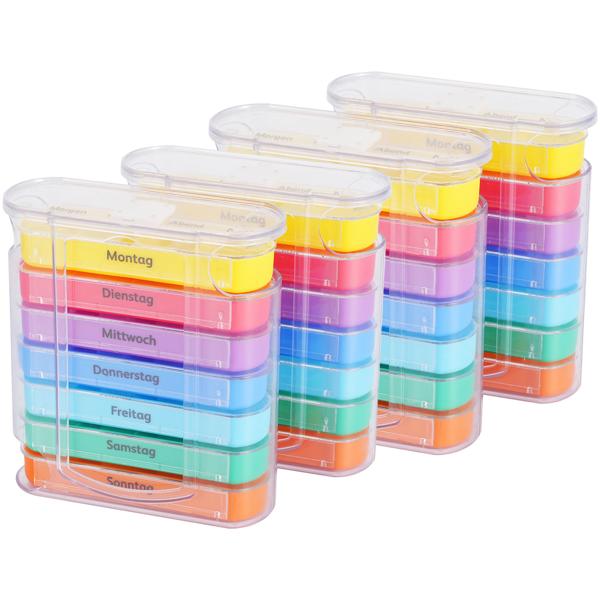 set of 4 medication box 7 days: Colorful, 4 compartments daily - A weekly pill dispenser for easy, safe intake & overview