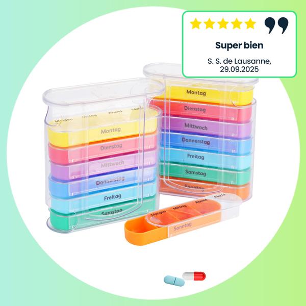 Lot de 4 piluliers 7 jours multicolores – 4 compartiments par jour – organisation facile de vos médicaments pour toute la semaine