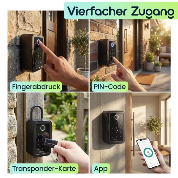 Smarter Schlüssel-Safe mit Fingerabdruck, PIN, Transponder-Karte, Bluetooth – Eine sichere Keybox für Haus, Büro & Ferienwohnung