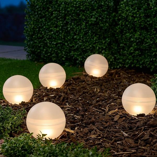2er-Set Dekorative 5er Solar Leuchtkugeln mit Erdspiess: Warmweiss & RGB - LED Gartenlampen, Ideal für Terrasse, Rasen & Blumenbeet