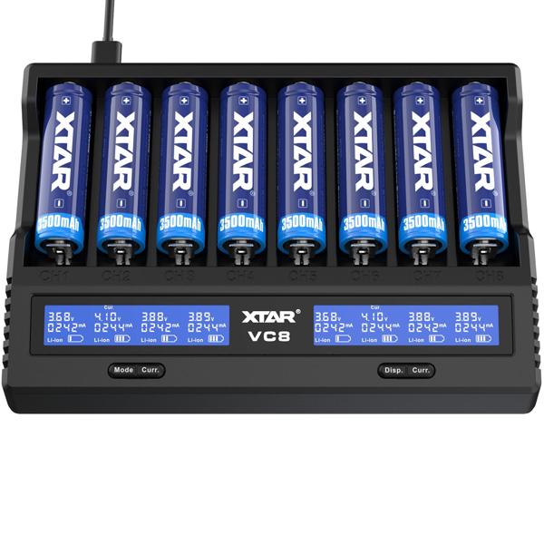 Charger for Li-ion/Ni-MH/Ni-CD batteries, 8-slot Universal Charger - LCD display for optimum charge monitoring