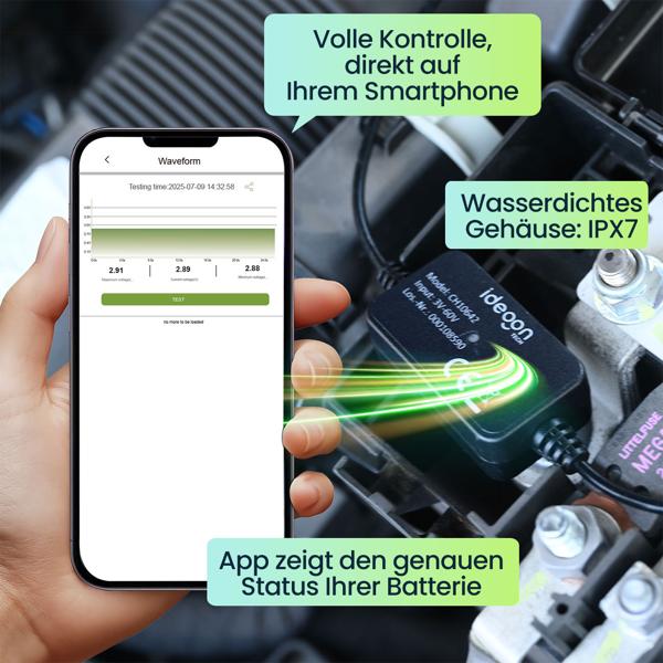 Hochleistungs-KFZ-Batterie-Wächter mit App – Zuverlässige 6-12V Überwachung für maximale Startleistung, Batterie Monitor, IPX7