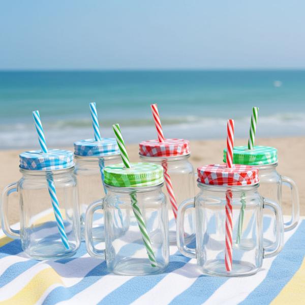 Retro drinking glasses with colorful lid, handle and straw: a set of 6 for lemonade, iced tea, cocktails & smoothies - vintage style