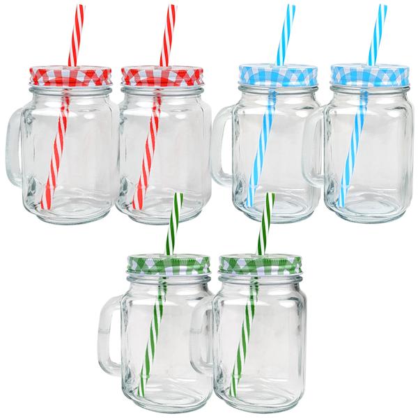 Retro drinking glasses with colorful lid, handle and straw: a set of 6 for lemonade, iced tea, cocktails & smoothies - vintage style