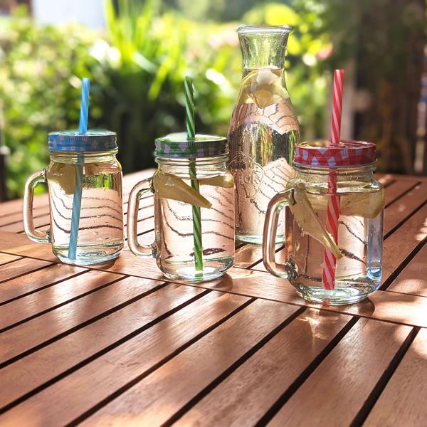 Retro drinking glasses with colorful lids, handles and straws: a set of 12 for lemonade, iced tea, cocktails & smoothies - vintage style