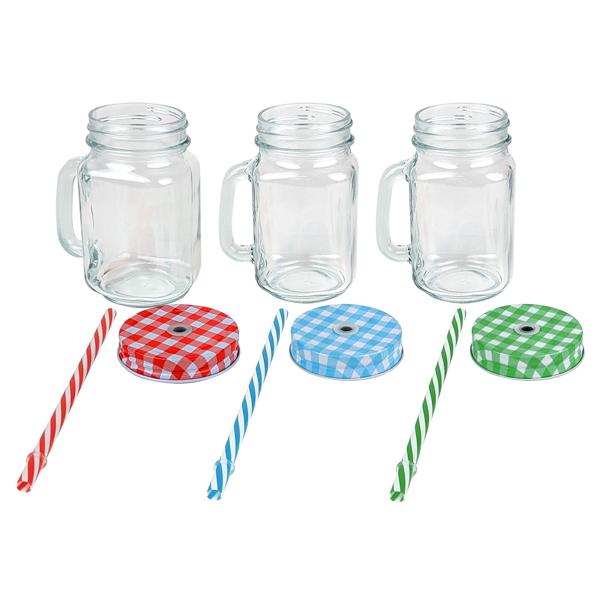 Retro drinking glasses with colorful lids, handles and straws: a set of 12 for lemonade, iced tea, cocktails & smoothies - vintage style