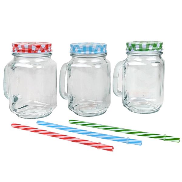 Retro drinking glasses with colorful lids, handles and straws: a set of 12 for lemonade, iced tea, cocktails & smoothies - vintage style
