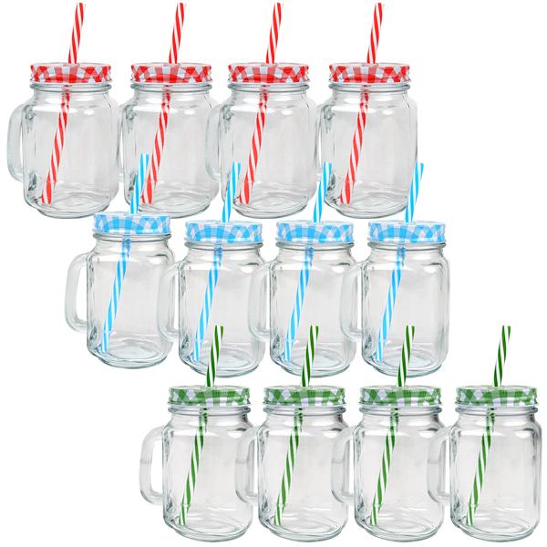 Retro drinking glasses with colorful lids, handles and straws: a set of 12 for lemonade, iced tea, cocktails & smoothies - vintage style
