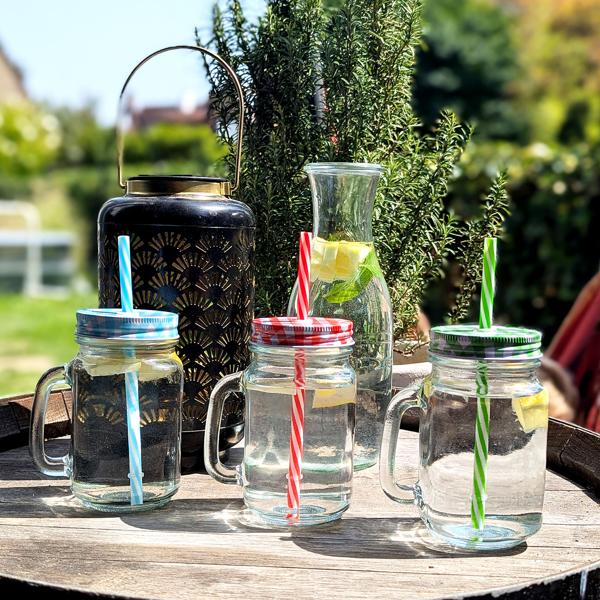 Retro drinking glasses with colorful lids, handles and straws: a set of 12 for lemonade, iced tea, cocktails & smoothies - vintage style