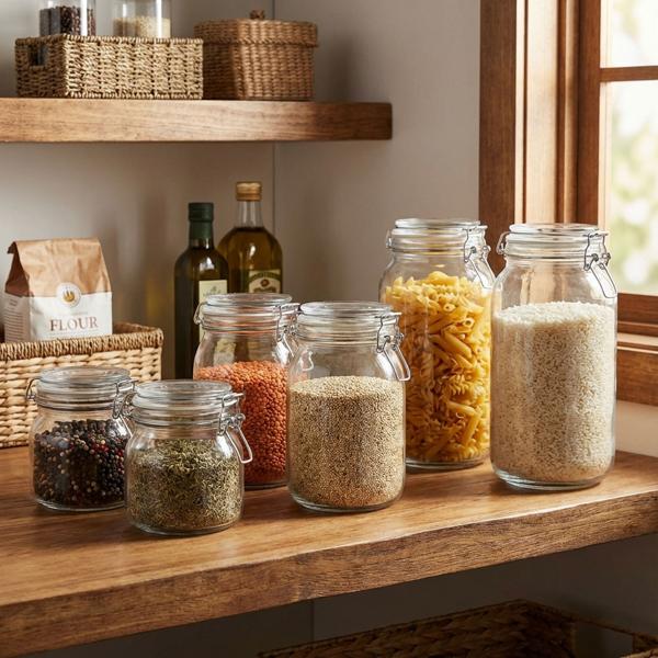 Set da 6 barattoli con chiusura a leva, 3 misure: barattoli in vetro con chiusura a leva – garanzia di freschezza e protezione degli aromi per cucina e dispensa