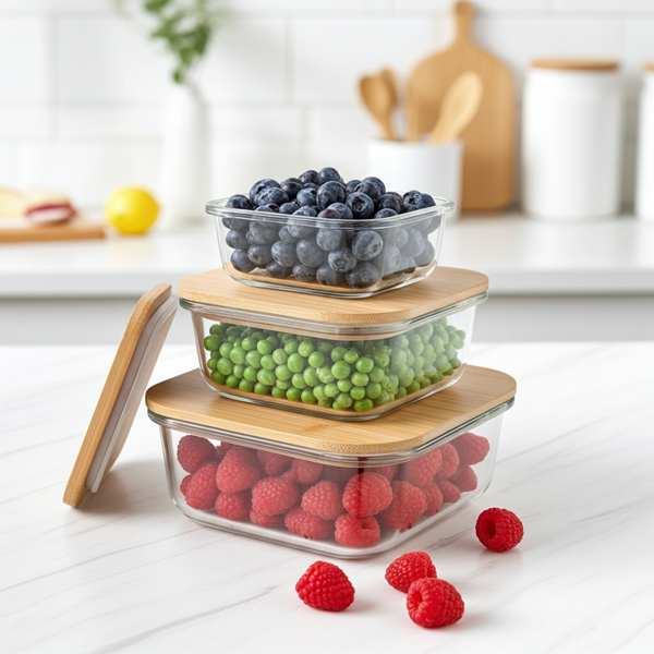 set of 2 high-quality storage jars with lid, square, glass/bamboo, 3 sizes: Storage jars for aroma protection & stylish organization