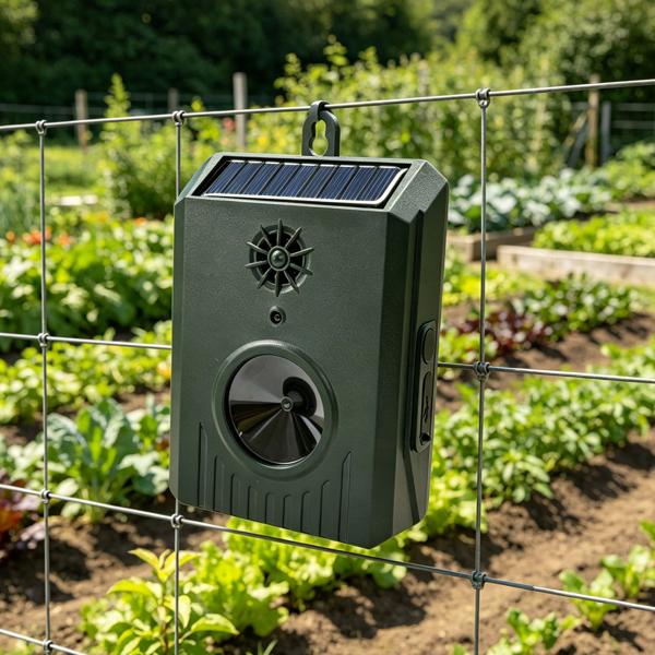 Répulsif solaire à ultrasons pour oiseaux, système mobile anti‑pigeons, IP54 étanche, contrôle par intervalles contre l’habituation, set effaroucheur pigeons 8–35 kHz