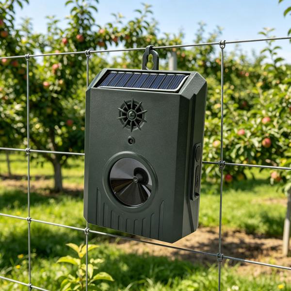 Répulsif solaire à ultrasons pour oiseaux, système mobile anti‑pigeons, IP54 étanche, contrôle par intervalles contre l’habituation, set effaroucheur pigeons 8–35 kHz