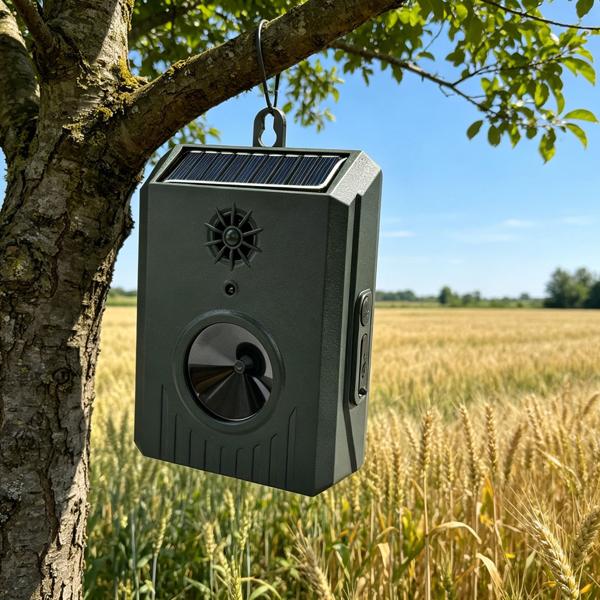 Répulsif solaire à ultrasons pour oiseaux, système mobile anti‑pigeons, IP54 étanche, contrôle par intervalles contre l’habituation, set effaroucheur pigeons 8–35 kHz