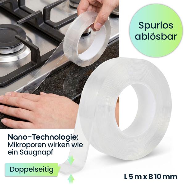 2er-Set Doppelseitiges Nano-Klebeband Transparent (5m x 10mm): Starke 110g/cm² Haltekraft, Wiederverwendbar, spurlos ablösbar