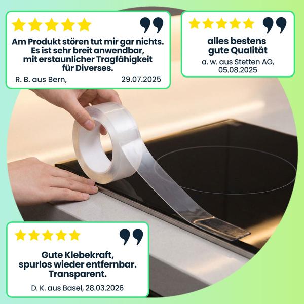 2er-Set Doppelseitiges Nano-Klebeband Transparent (5m x 10mm): Starke 110g/cm² Haltekraft, Wiederverwendbar, spurlos ablösbar
