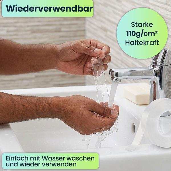 2er-Set Doppelseitiges Nano-Klebeband Transparent (5m x 30mm): Starke 110g/cm² Haltekraft, Wiederverwendbar, spurlos ablösbar