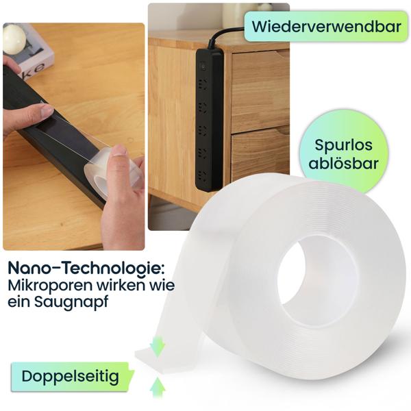 2er-Set Doppelseitiges Nano-Klebeband Transparent (5m x 50mm): Starke 110g/cm² Haltekraft, Wiederverwendbar, spurlos ablösbar