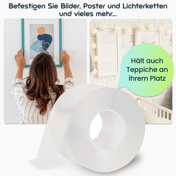 2er-Set Doppelseitiges Nano-Klebeband Transparent (5m x 50mm): Starke 110g/cm² Haltekraft, Wiederverwendbar, spurlos ablösbar