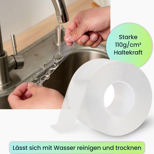 2er-Set Doppelseitiges Nano-Klebeband Transparent (5m x 50mm): Starke 110g/cm² Haltekraft, Wiederverwendbar, spurlos ablösbar