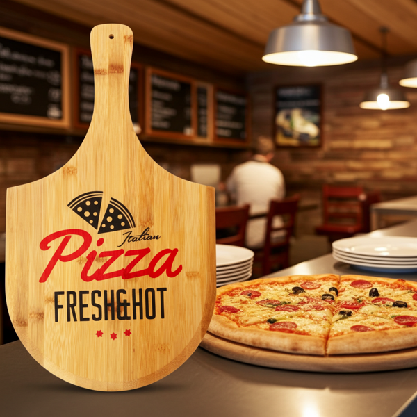 Planche à pizza en bambou pour le plaisir parfait de la pizza : 53,5x30,5cm, avec impression tendance, moderne & pratique - Pour des expériences de pizza inoubliables