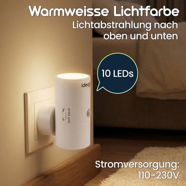 2er-Set Steckdosen-Nachtlicht dimmbar mit PIR- & Dämmerungssensor – Intelligente Steckdosenlampe mit Bewegungsmelder, 10 LEDs für Flur & Schlafzimmer