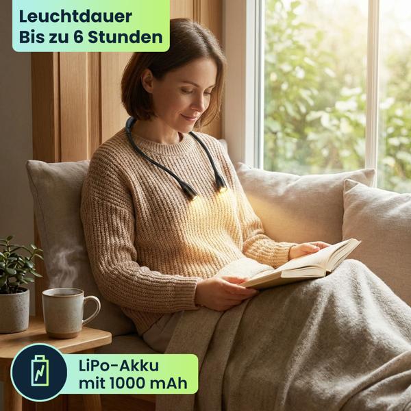 2er-Set LED-Leseleuchte zum Umhängen: Dimmbar, 3 Farbtemperaturen, Akku – Freihändiges Licht fur Lesen, Handarbeit & Reisen