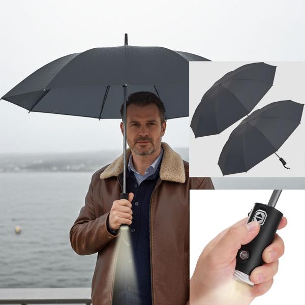 set of 2 foldable umbrellas with LED flashlight, Ø105 cm, black: A perfect all-weather companion for darkness & rain showers