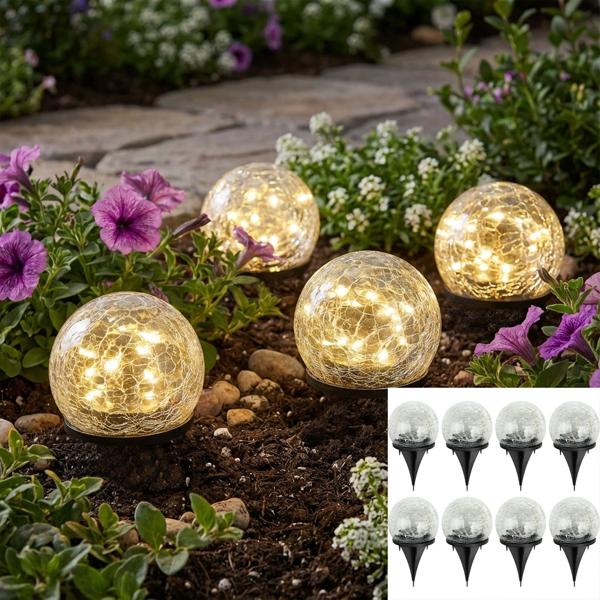 Stimmungsvolles 8er Set Solar Kugelleuchten Crackle Glas mit Erdspiess: Gartenbeleuchtung mit warmweissem LEDs, wetterfest, ideal für Rasen & Beete