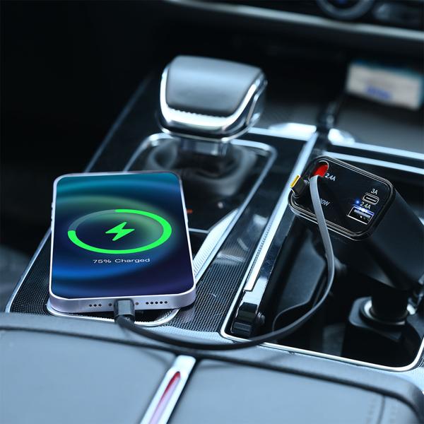 Caricatore auto 4in1 da 69 W - Caricatore per veicoli con cavo USB-C e Lightning avvolgibile, PD 3.0 e 2 porte