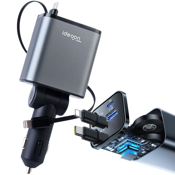 Caricatore auto 4in1 da 69 W - Caricatore per veicoli con cavo USB-C e Lightning avvolgibile, PD 3.0 e 2 porte