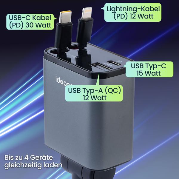 4in1 KFZ-Ladegerät 69W - PD 3.0 Schnellladen - Aufrollbares USB-C & Lightning Kabel 80cm - 2 Zusatz-Ports - 12V-24V Aluminium-Gehäuse