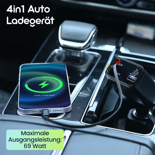 4in1 KFZ-Ladegerät 69W - PD 3.0 Schnellladen - Aufrollbares USB-C & Lightning Kabel 80cm - 2 Zusatz-Ports - 12V-24V Aluminium-Gehäuse