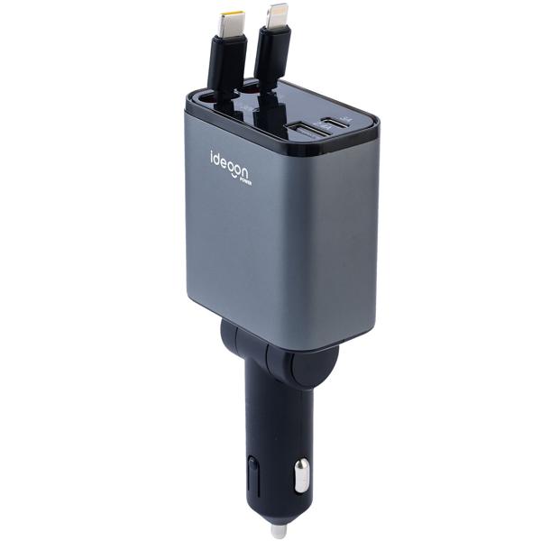 Caricatore auto 4in1 da 69 W - Caricatore per veicoli con cavo USB-C e Lightning avvolgibile, PD 3.0 e 2 porte