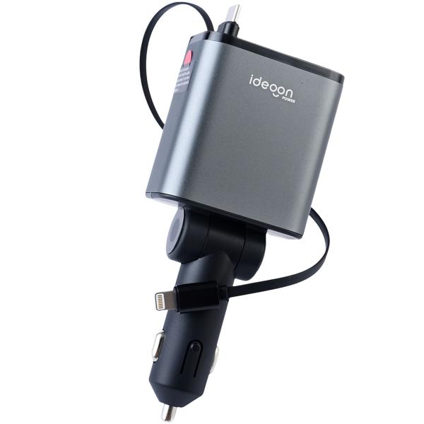 Caricatore auto 4in1 da 69 W - Caricatore per veicoli con cavo USB-C e Lightning avvolgibile, PD 3.0 e 2 porte