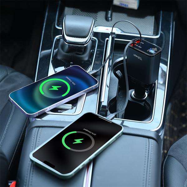 Caricatore auto 4in1 da 69 W - Caricatore per veicoli con cavo USB-C e Lightning avvolgibile, PD 3.0 e 2 porte